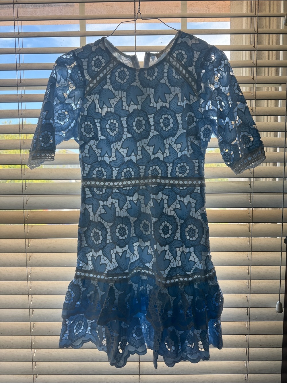 Just Me Sky Blue Floral Lace Mini Dress